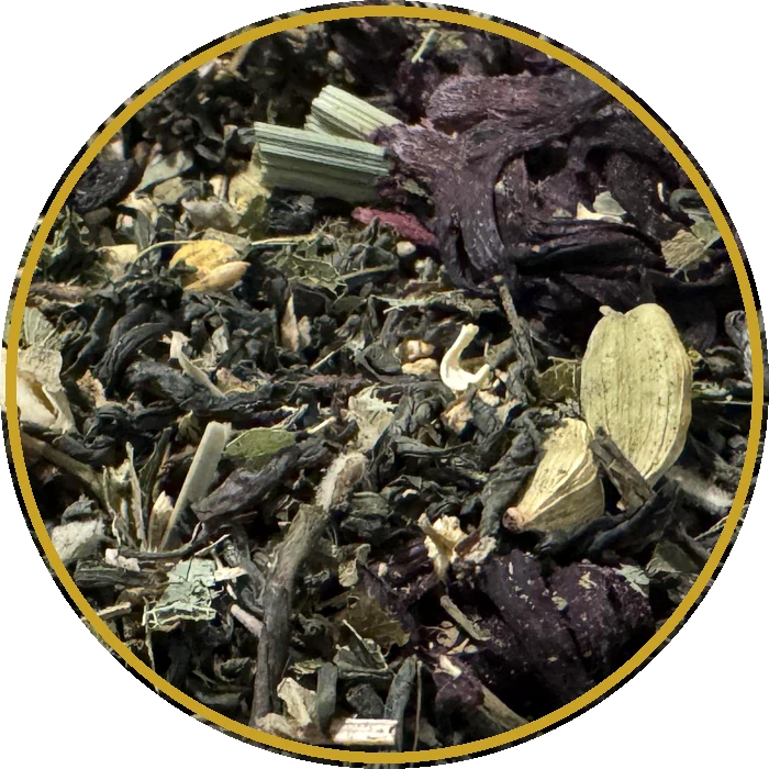 A close-up of the loose-leaf Boom Boom Tea herbal blend